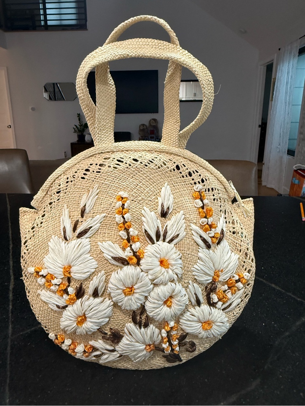 VTG 1960s Raffia Straw Daisy Tote Beach Bag Glen Zipper